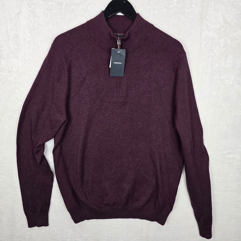 NWT Nordstrom Mens Cotton Cashmere Quarter Zip Sweater Burgundy Fudge Large